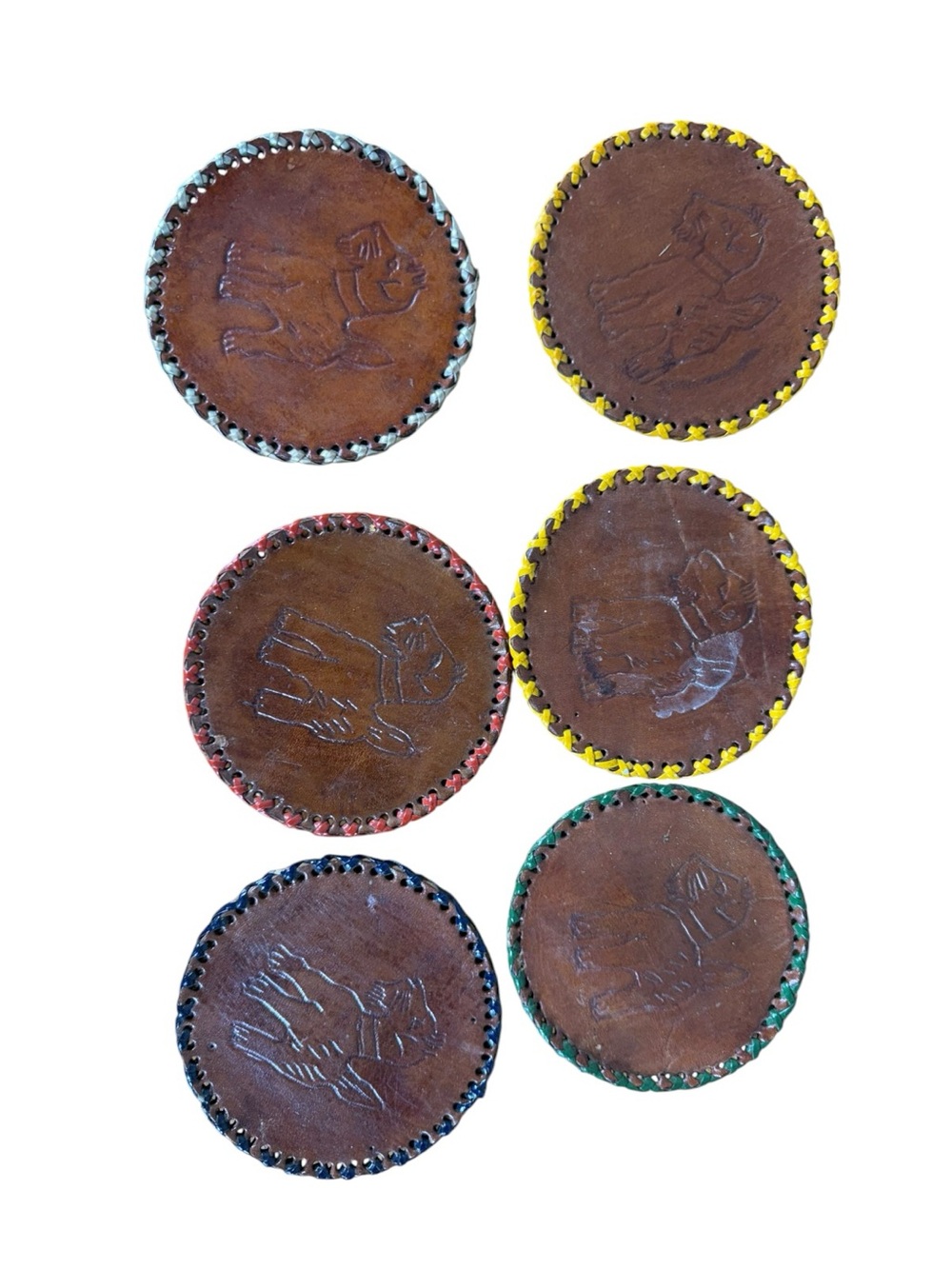 Handmade Leather Coasters Set of 6 with Embossed‎ Dogs
